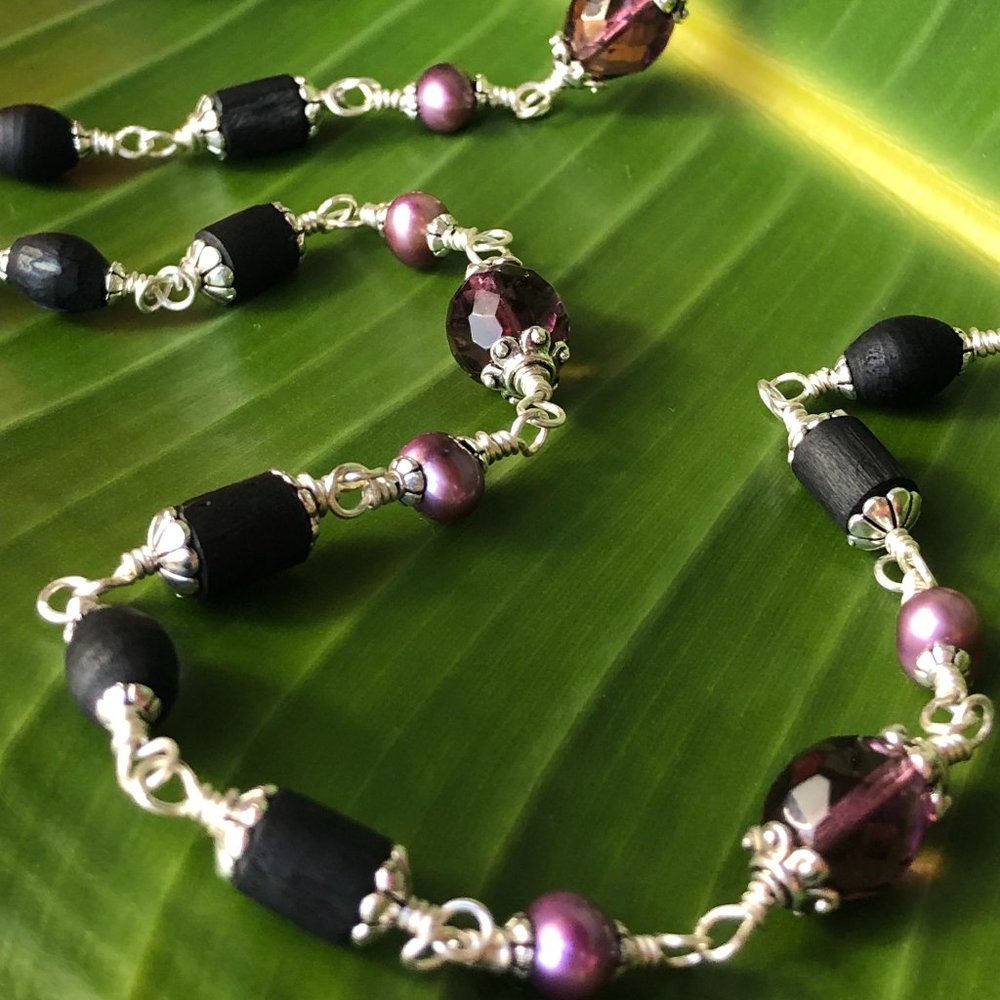 29" black Tulasi with purple pearls and purple glass beads
